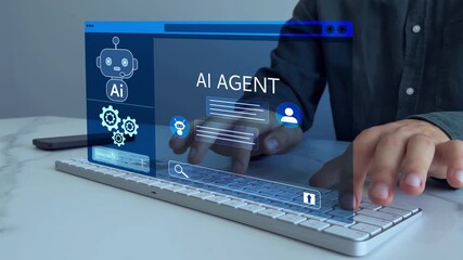 Person searching for information with the help of Ai assistant.Virtual assistant, artificial intelligence Bot and CRM software automation technology.Ai generator documents,bot writing and coding	