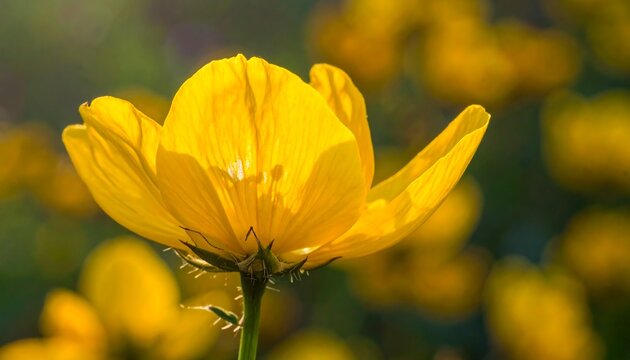Bright yellow buttercup flower in sunlight, with blurred blooms creating a soft, natural bokeh background