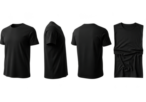 Four black t shirts displayed standalone offering versatile wardrobe essentials transparent background - Powered by Adobe