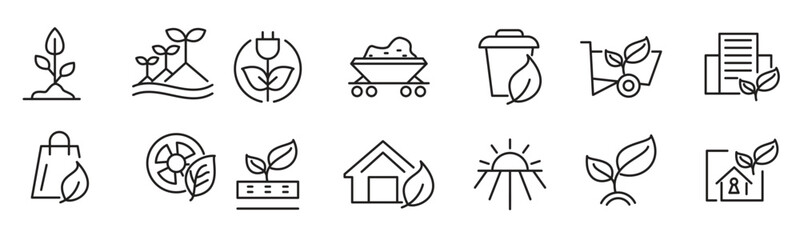 Fototapeta premium Ecology Environmental line icon set. Sustainable development, sustainability, net zero, climate crisis, recycle, electric, global, warming, pollution.
