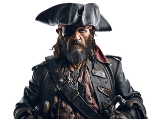 Pirate captain with eyepatch portrait isolated on transparent or white background, png
