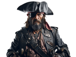 Pirate captain with eyepatch portrait isolated on transparent or white background, png