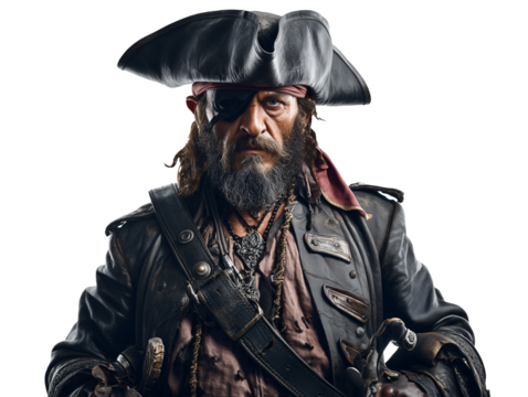Pirate captain with eyepatch portrait isolated on transparent or white background, png