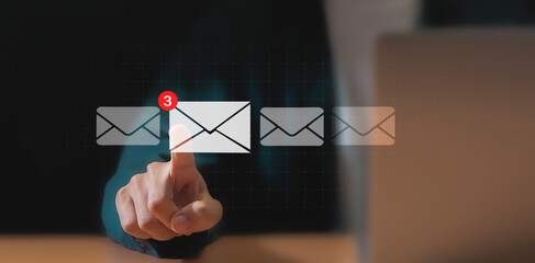 Notification and opening email from laptop. Concept of communication and news for marketing