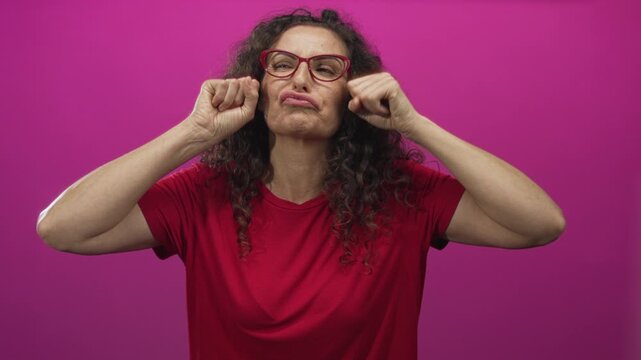 Hispanic woman wearing red shirt wipes tears from cheeks in studio; sadness sorrow grief vulnerability.