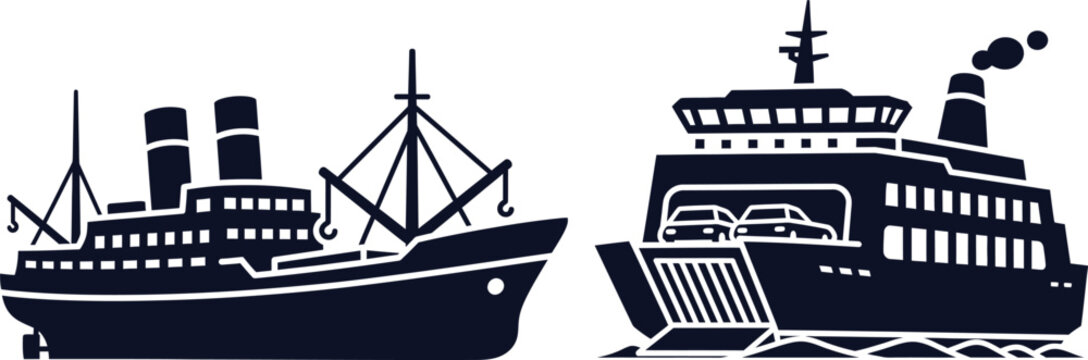 Cargo ship and car ferry vector illustration on white background Keywords: cargo ship, car ferry, ship, boat, vessel, maritime, sea
