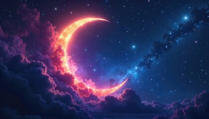 Fototapeta premium A celestial scene depicting a swirling nebula, shaped like a crescent moon, representing the cosmic cycle of a month within a vast universe , stars, stardust