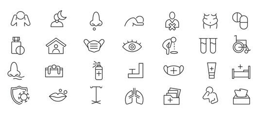 Flu and illnesses line icon set. COVID, cough, fever, lung CT scan, headache, pneumonia, ncov-2019, lungs, kidney, brain, bones line icon set. UI thin line icon pack.