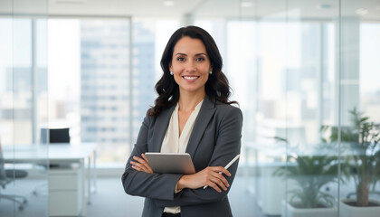 Smiling female executive holding a tablet and stylus, standing in a modern office, embodying technology, leadership, and business success