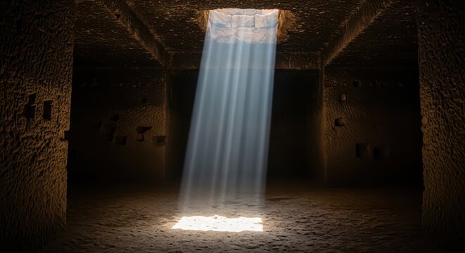 Sunlight streaming through a square opening in a dark, ancient stone tomb or chamber, illuminating dust particles in the air