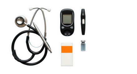 Medical instruments and diabetes supplies isolated on transparent background