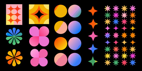 Collection of vibrant abstract geometric shapes and gradients on a black background