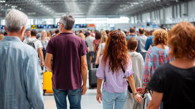 Bustling terminal activity, Travelers rush through busy hall, People maneuver quickly and efficiently within densely populated airport corridor