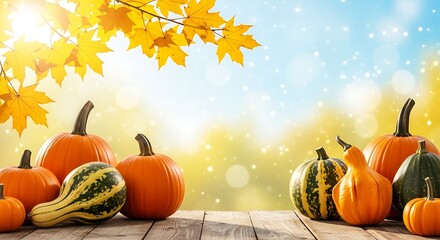 Autumn harvest of pumpkins and gourds on a wooden table