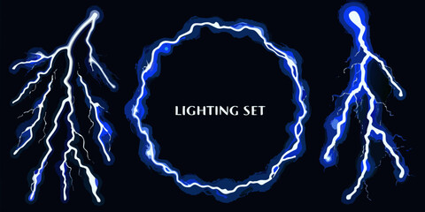 Collection of blue lightning bolts and a circular lightning frame on a black background