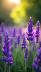 Obraz premium A field of vibrant purple lavender flowers swaying gently in the summer breeze, bathed in soft sunlight The image captures the essence of tranquility and natural beauty , flora, sunlight, plant