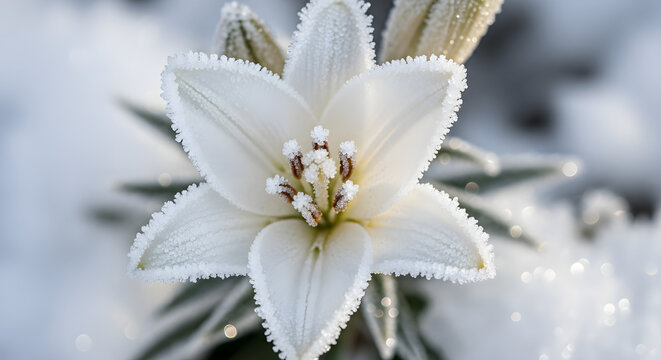 Stunning close-up of a delicate white lily flower coated in sparkling hoarfrost and ice crystals on a cold winter morning