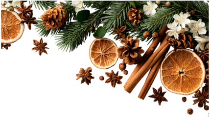 Festive christmas arrangement with dried oranges cinnamon and evergreen branches on transparent background