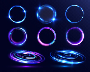 Glowing vortex light rings set, futuristic circular frames with blue and purple neon colors, shining energy circles, abstract technology elements on dark background.
