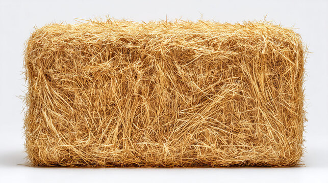 A close up view of a rectangular bale of hay against a plain white background