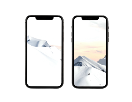 Two phones display snowy mountains wallpapers