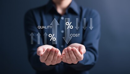 Naklejka premium Businessman showing quality cost control icons 