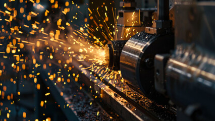 Machine tool in a workshop creating sparks during metalworking process in a busy factory setting