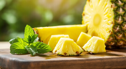 Fresh pineapple slices with mint leaves on wooden board still life