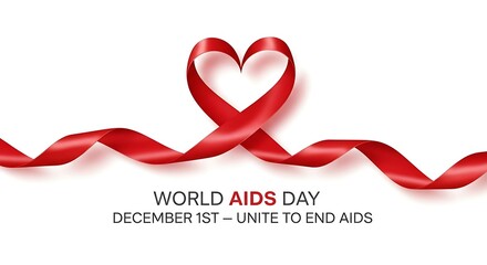 World AIDS Day banner with a red ribbon forming a heart shape and text 'Unite to End AIDS' on a white background.