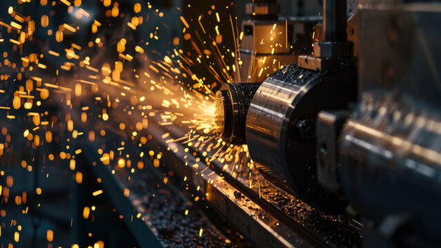 Machine tool in a workshop creating sparks during metalworking process in a busy factory setting