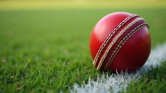 Intense red cricket ball ready for a thrilling match on the vibrant green field, inviting sportsmanship and competitive spirit for athletic brands