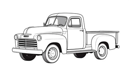 Vector-style illustration of a vintage pickup truck. It features a single cab and a classic design, presented in black and white outline