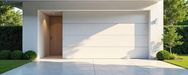 A pristine, modern garage door, freshly painted, stands open, revealing a clean and organized interior Sunlight streams in, highlighting the sleek design and smooth surface , entrance, sunlight