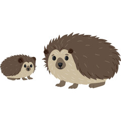 Two Cartoon Hedgehogs One Large One Small Brown Spiky Animals Standing Side By Side On Transparent Background