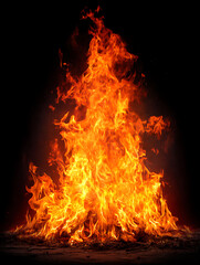 Bright orange fire flames burning on black background with glowing sparks and heat border, isolated fiery texture with copy space for design and creative effect