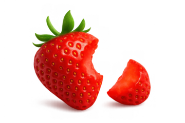 Ripe red strawberry with a visible bite mark and a separate slice, symbolizing freshness and healthy eating, isolated on transparent background
