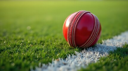 Vibrant red cricket ball resting on lush green grass field ready for a competitive match, symbolizing teamwork, sportsmanship and athletic prowess