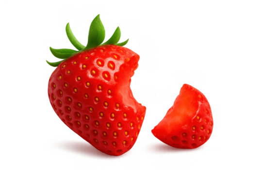 Ripe red strawberry with a visible bite mark and a separate slice, symbolizing freshness and healthy eating, isolated on transparent background