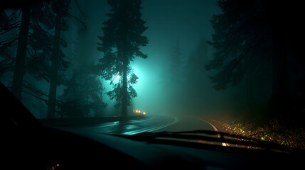 Driving on a Winding Road Through a Foggy Forest at Night