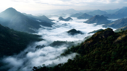Aerial View of Mountain Peaks Above a Sea of Clouds and Fog