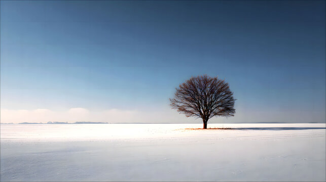 Single Bare Tree in a Minimalist Winter Landscape