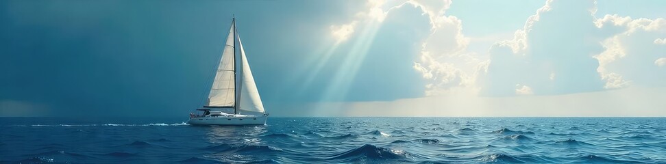 A single sailboat, its white sails billowing, is isolated against a vast, deep blue ocean under a dramatic sky The feeling is one of serene solitude and freedom at sea , white, rigging