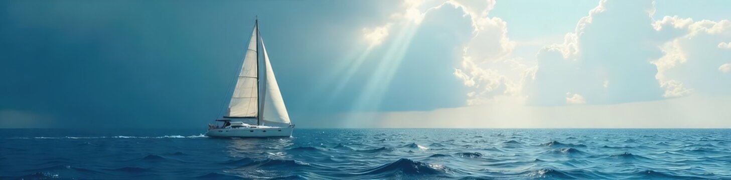 A single sailboat, its white sails billowing, is isolated against a vast, deep blue ocean under a dramatic sky The feeling is one of serene solitude and freedom at sea , white, rigging