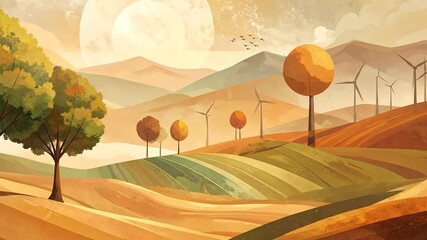 Animated Landscape: Wind Turbines, Trees, and Rolling Hills. - Powered by Adobe