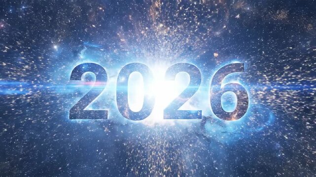 A cinematic cosmic countdown animation for New Year 2026, featuring glowing numbers forming from stardust and nebula light, vibrant galactic energy swirling in deep space
