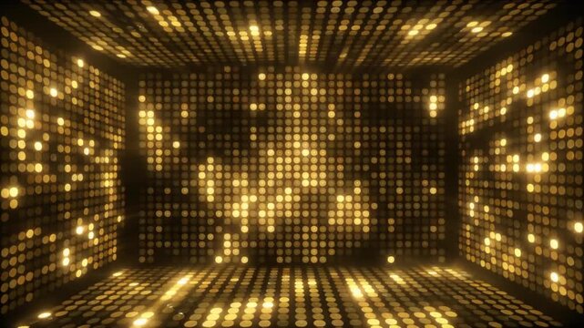 A virtual room with walls covered in a grid of shimmering golden lights.