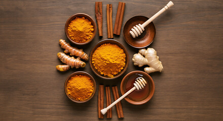 Turmeric ginger cinnamon and honey arranged on wooden surface top view