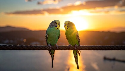 Two vibrant green parakeets perch on a rope, silhouetted against a stunning, golden sunset. The sky is painted with warm hues