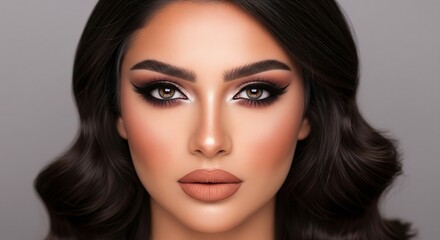 Fototapeta premium Mesmerizing portrait of a beautiful woman, showcasing flawless skin, striking dark eyes, and elegant makeup, conveying sophistication and alluring beauty