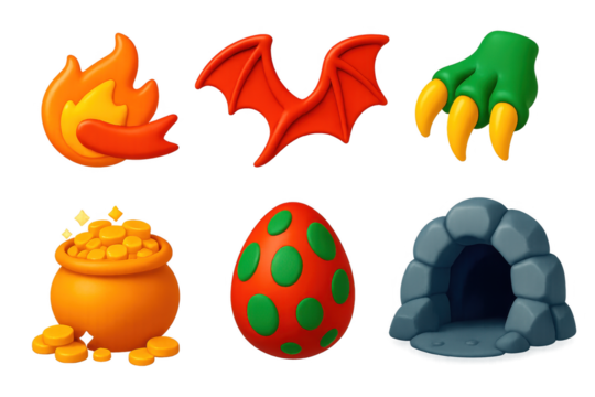 Dragon Lair Icons. 3D icon set of dragon lair: fire breath, wings, claw, treasure hoard, egg, cave entrance. A set of 3D-style